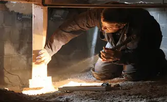 A professional inspecting wooden beams under the floor of a structure in Atlanta, GA